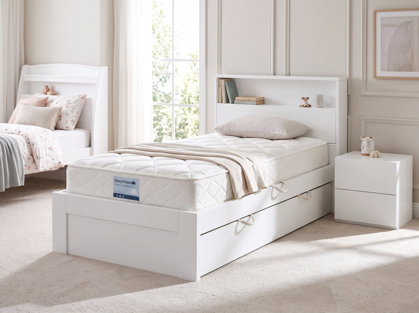A high-quality photo of a modern white Adela King Single bed in a naturally lit bedroom. Features include a quilted SleepMaker mattress, a built-in shelving headboard with books, a matching 2-drawer nightstand, and visible pull-out fabric handles for a trundle/storage drawer on its white base.