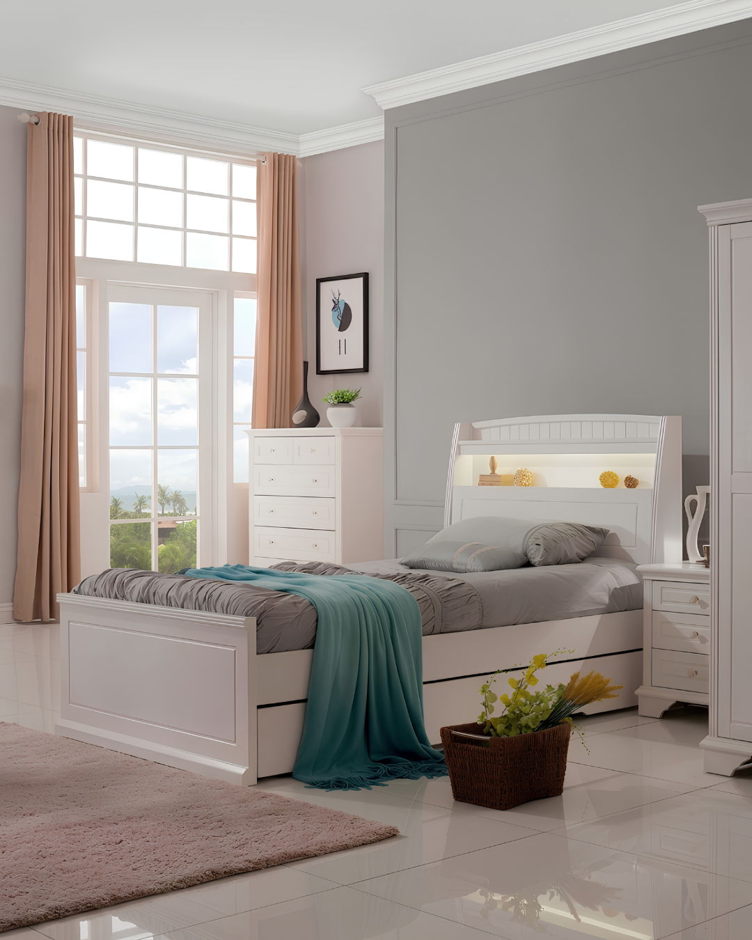 Alicia Bed with Storage Headboard and LED Lights King Single