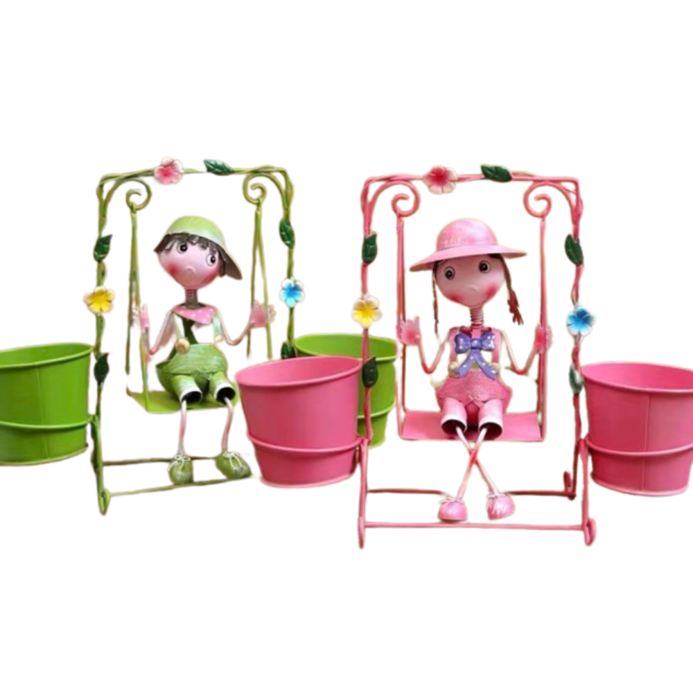 Metal Pink Girl and Green Boy on Swing Figurine (1)
